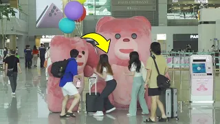 Korea Funniest Airport Prank : Giant pink bear