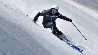 Ski carving turns on the summer glacier of  Zermatt