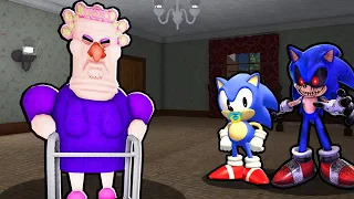 BABY SONIC AND SONIC.EXE VS ESCAPE GRUMPY GRAN IN ROBLOX