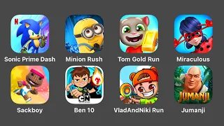 Sonic Prime Dash,Minion Rush,Talking Tom Gold Run,Miraculous Lady Bug,Sackboy,Ben 10,Vlad & Niki Run