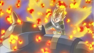 Vegeta uses the Final Flash attack to defeat Auta Magetta by ring-out, Hit vs. Frost (Final Form)