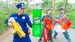 Battle Nerf War BLUE POLICE COMPETITION Nerf Guns Fight Two Man SODA BATTLE NERF DRINKS