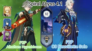 F2P C0 Alhaitam Hyperbloom & C0 Neuvillette Solo - Spiral Abyss 4.1 - Floor 12 9 star Genshin Impact