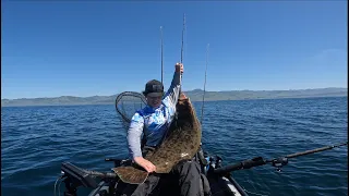 42 Inch halibut while rock fishing from the Kayak. Biggest of my life!!!