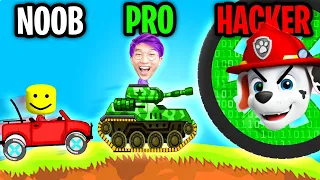 Can We Go NOOB vs PRO vs HACKER In HILL CLIMB RACING!? (MAX LEVEL ROCKET!!)