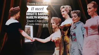 Brigitte Bardot, Marilyn Monroe, Joan Crawford and Anita Ekberg meeting Queen Elizabeth II (1956)