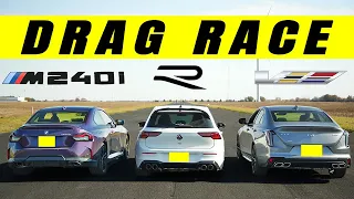2022 Golf R And Cadillac CT4 V Take on BMW M240i. Drag and Roll Race.
