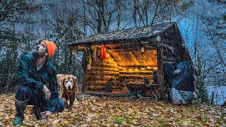 RAINY NIGHT IN A REMOTE SURVIVAL CABIN with my Dog!