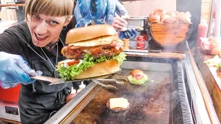 London Street Food. Huge Meat Sandwich, Gourmet Burger with Montgomery Cheddar and More Burgers