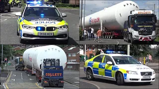 Large medical gas tankers escorted by police cars and motorcycles