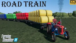 KING OF TRACTORS! ROUND BALE| MINI TRACTOR| TRANSPORTING| ROAD TRAIN! FS 22