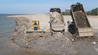 Wonderful Beach Developing By Filling Stone and Rock   Bulldozer and Dumper Trucks Processing