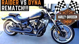 Raider vs. Dyna Rematch! Harley vs Yamaha Raider! 1900 Freedom Exhaust Walk Around Sound Drag Race