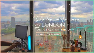 1.5-HOUR STUDY WITH ME 🎡 / calming jazz / 🏕 Crackling Fire / London on CLOUDY AFTERNOON / Pomodoro