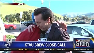 KTVU reporter emotional live shot after nearly hit by car