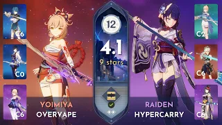 4.1 Abyss Floor 12 9Stars | C5R1 Yoimiya Overvape & C3 Raiden Hypercarry | Genshin Impact