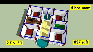 27 x 31 sqft small best 4 bedrooms free 3d house plan II 4bhk 3d video II 27 x 31 ghar ka naksha