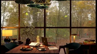 4K RAINY AUTUMN DAY COFFEE SHOP JAZZ: Jazz Music and Rain with Leaves Falling