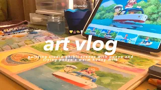 art vlog 🎨🪸 painting studio ghibli ponyo scenes, trying ponyo's warm honey milk🥛