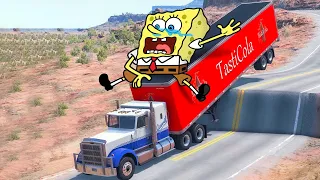 Spongebob Reacts Cars vs Unfinished Road 🚓 BeamNG Drive Car Crashes