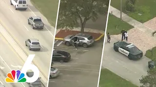 Watch aerial POLICE PURSUIT, foot chase in Broward end with suspect in custody