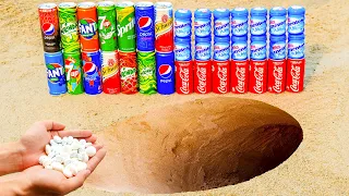 Different Pepsi, Coca mini, Fanta, Mirinda, Sprite, 7up, Schweppes vs Mentos in pit underground!