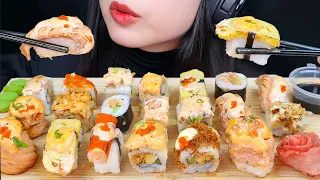 ASMR MUKBANG SUSHI PLATTER🍣 SALMON MENTAI ROLL SUSHI, ABURI MENTAI ROLL, TAMAGO, TUNA MELT BIG BITES