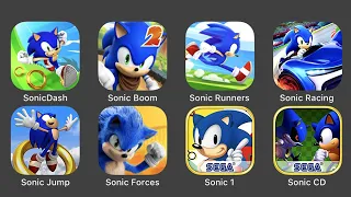 Sonic Dash, Sonic Boom 2, SOnic Runners, Sonic Racing, Sonic Jump, Sonic Forces, Sonic 1, SSonic CD