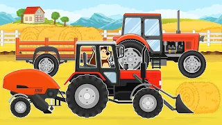 Hard Work on the Farm -Tractor Baler & Picking Up Round Straw Bales | Vehicles Farm