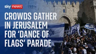 Crowds gather at Jerusalem's Damascus Gate for the 'Dance of flags' parade