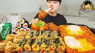 ASMR MUKBANG | fire noodle ramyeon, kimbap, corndog recipe ! eating