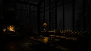 Relaxing Rainy Night - Cozy Cabin with Cold Rain Storm and Fireplace Crackles 🌧️