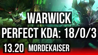 WARWICK vs MORDEKAISER (TOP) | 18/0/3, 13 solo kills, Legendary, 300+ games | EUW Master | 13.20