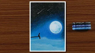 Easy Oil Pastel Drawing for Beginners - A Boy in Moonlight Night - STEP by STEP