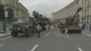 Burnt Russian tanks on display in Kyiv