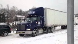 DURAMAX pulling semi up snowy hill, CRAZY