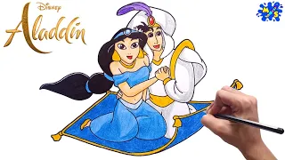 How to Draw Aladdin and Jasmine on Magic Carpet step by step || Disney World