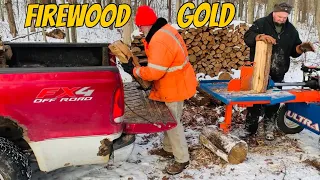 Splitting/stacking 1/2 cord+ of "long cut" black locust into the King of Firewood Ford truck