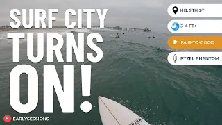 Surf city turns on with glassy 3-4ft+ waves! @Huntington Beach - 9th Street [POV SURF]