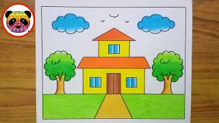 House Scenery Drawing 🏡 Ghar ka Chitra 🏡 Easy to Drawing and Painting / Drawing For Beginners
