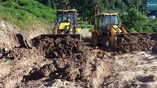 Backhoe Loader-Removing Dirt-Leveling Hilly Damaged Muddy Road