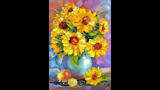 oil painted sunflowers. Abstract art by Alena Kalchanka