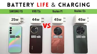 Battery King 2024 | SAMSUNG F15 5G vs VIVO T3x vs Realme P1 vs Realme 12x | Battery Drain & Charging