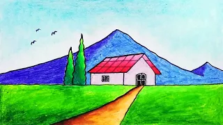 How to Draw Beautiful and Easy Mountain and House Scenery | Easy Scenery Drawing With Oil Pastel