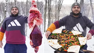 VERY TASTY SADJICHI AND JUICY KEBAB OF BEEF LIVER ! OUTDOOR COOKING AT -12° C !