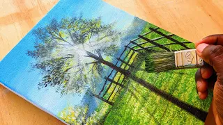 How to paint a morning sunny tree /Acrylic painting for beginners step by step.🎨🖌️💜