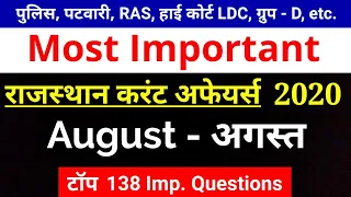 August 2020 Rajasthan Current Affairs |Current Affairs 2020 |Patwar,Police,High Court LDC,RAS |