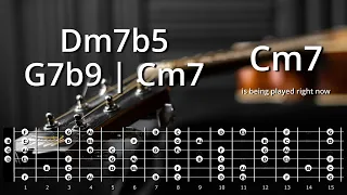Minor II-V-I Jazz Progression in C-Minor with Chords & Scales; 136 bpm Backing Track, Play along