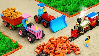 Diy tractor mini Bulldozer repairing Train Tracks | mini Tractor transporting mini Bricks | HP Mini