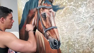 Pintura de caballo y ave al óleo